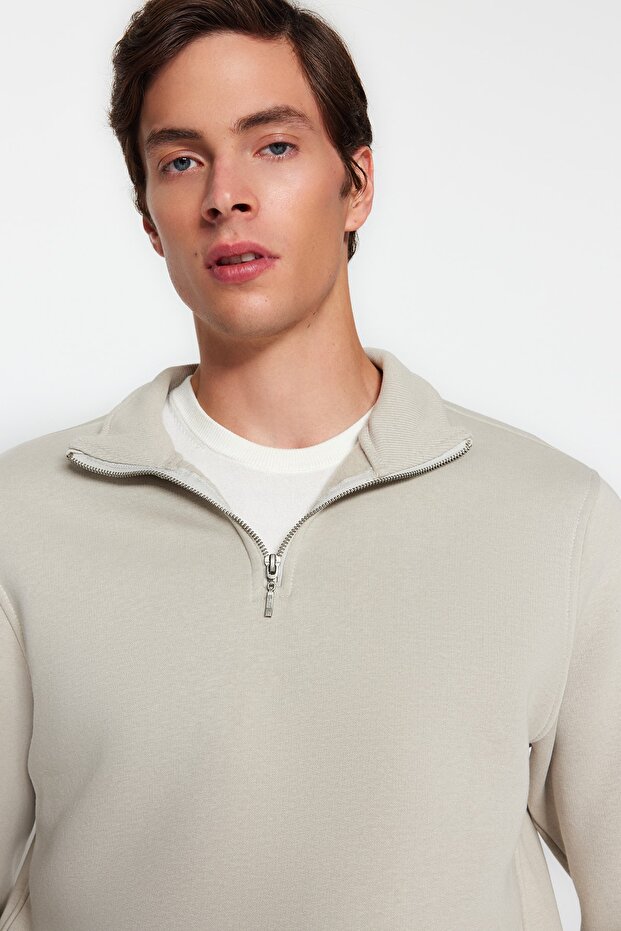 Taş Regular/Normal Kesim Dik Yaka Fermuarlı Pamuklu Basic İçi Polarlı Sweatshirt TMNAW24SW00041 - 3