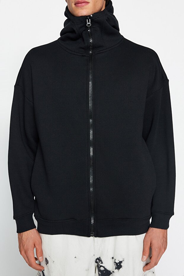 Siyah Oversize/Geniş Kesim Fermuarlı İçi Polar Kapüşonlu Sweatshirt-Hırka TMNAW24SW00049 - 4