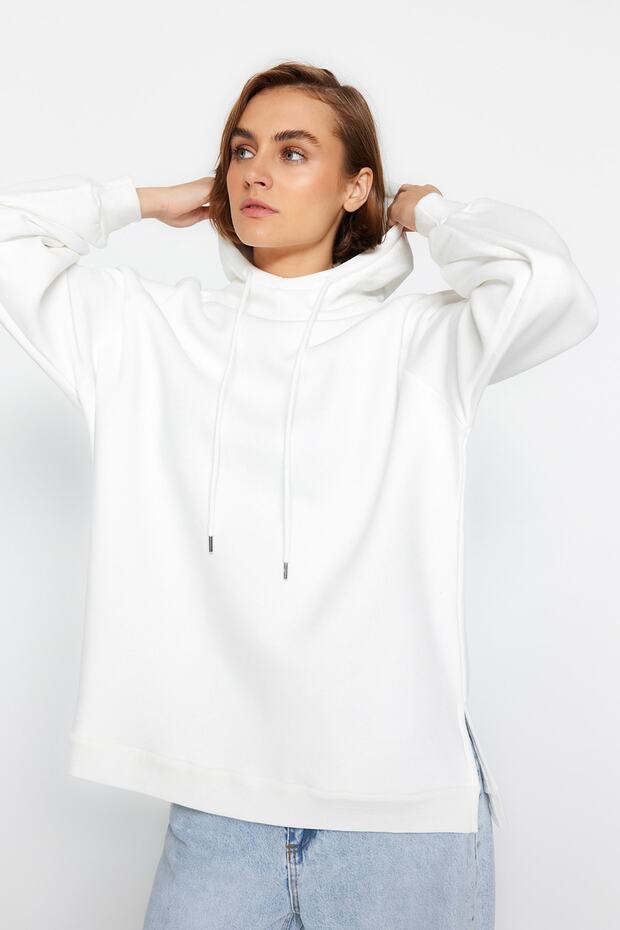 Ekru Kapüşonlu Oversize Şardonlu Örme Sweatshirt - 3