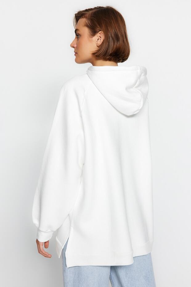 Ekru Kapüşonlu Oversize Şardonlu Örme Sweatshirt - 5