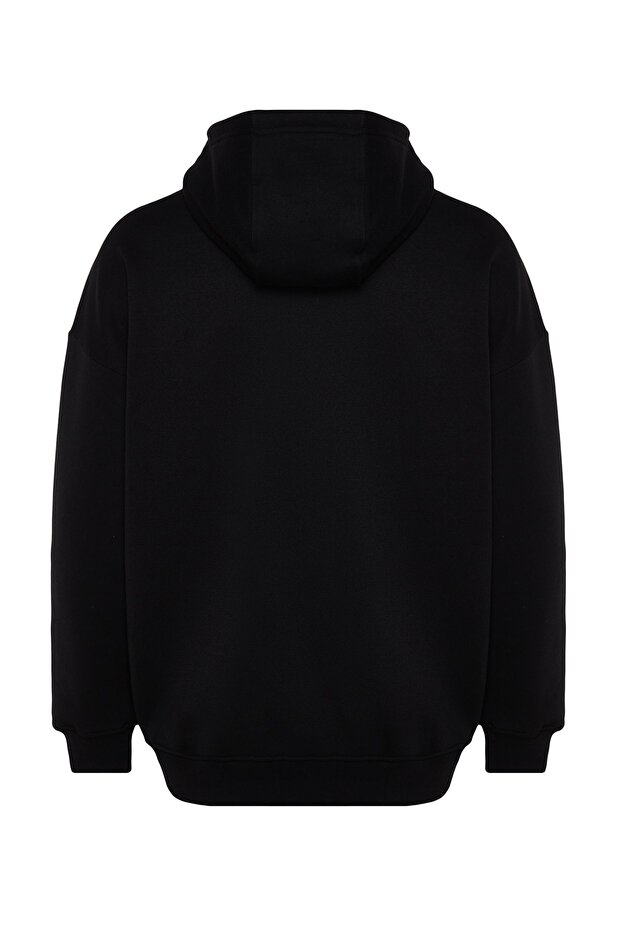 Siyah Oversize/Geniş Kesim Fermuarlı İçi Polar Kapüşonlu Sweatshirt-Hırka TMNAW24SW00049 - 7