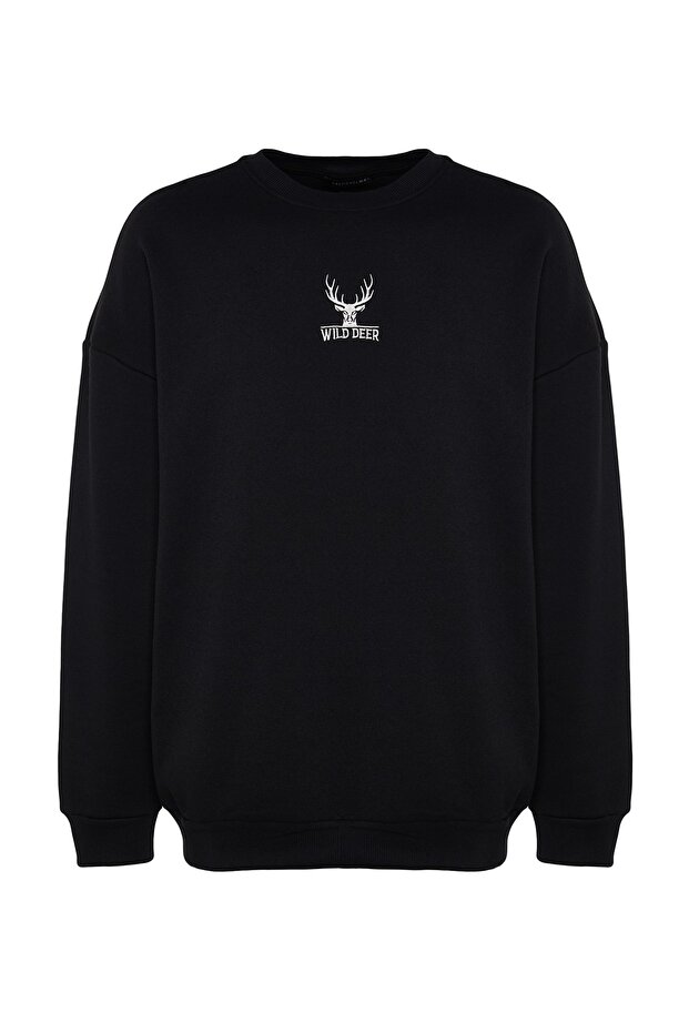 Siyah Oversize/Geniş Kesim Uzun Kol Hayvan Nakışlı Sweatshirt TMNAW24SW00169 - 6