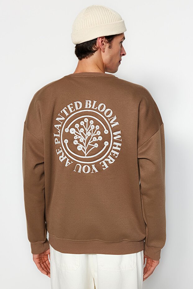 Kahverengi Oversize/Geniş Kesim Çiçek Nakış İçi Polar/Sıcak Tutan Pamuk Sweatshirt TMNAW24SW00012 - 3
