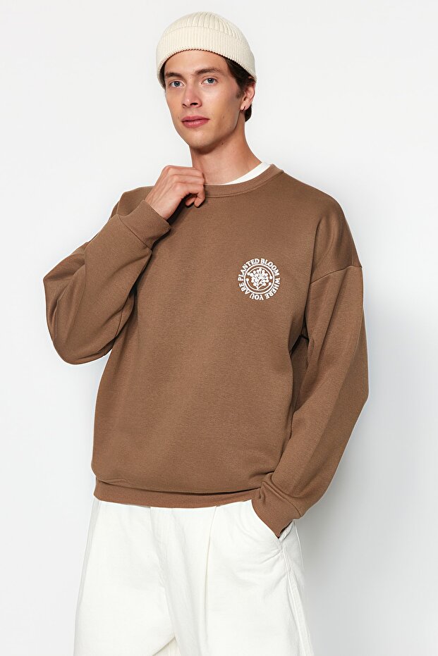 Kahverengi Oversize/Geniş Kesim Çiçek Nakış İçi Polar/Sıcak Tutan Pamuk Sweatshirt TMNAW24SW00012 - 8