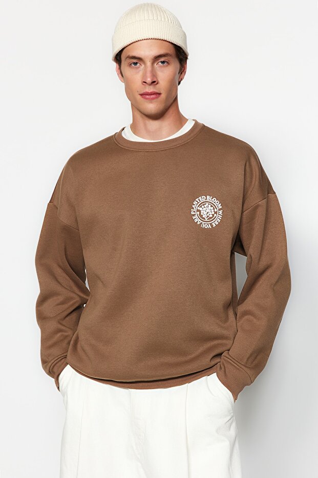 Kahverengi Oversize/Geniş Kesim Çiçek Nakış İçi Polar/Sıcak Tutan Pamuk Sweatshirt TMNAW24SW00012 - 9