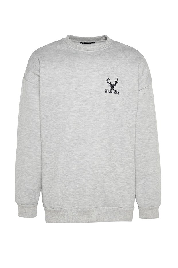 Gri Melanj Oversize/Geniş Kesim Uzun Kol Hayvan Nakışlı Sweatshirt TMNAW24SW00164 - 8