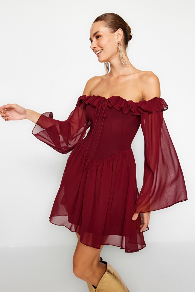 Bordo A-Kesim Düğün/Nikah Şık Abiye Uçuş Uçuş Mezuniyet Elbisesi TPRSS23EL00096 - 7