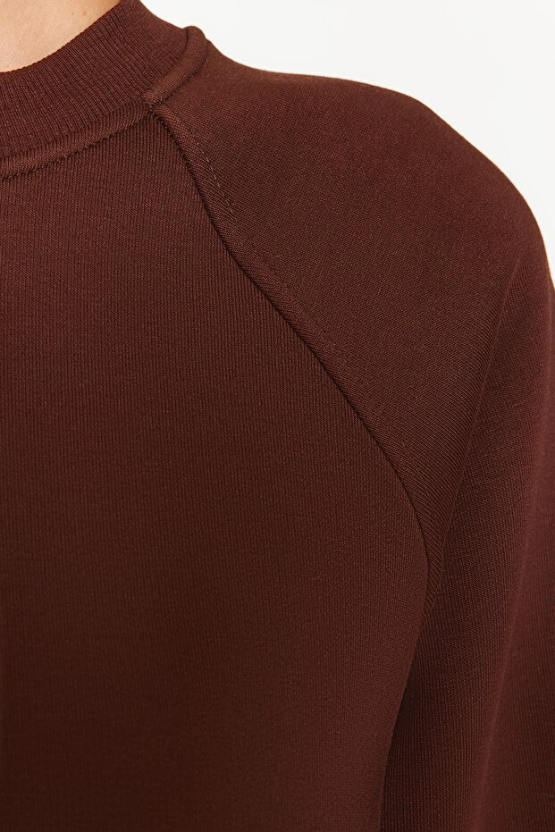 Koyu Kahverengi Relaxed/Rahat Kalıp Basic Reglan Kol Bisiklet Yaka Örme Sweatshirt TWOAW24SW00104 - 7
