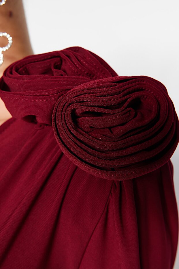 Bordo Kruvaze Yaka Gül Aksesuar Detaylı Body TPRAW24BD00012 - 5