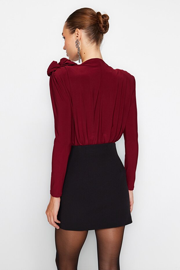 Bordo Kruvaze Yaka Gül Aksesuar Detaylı Body TPRAW24BD00012 - 6