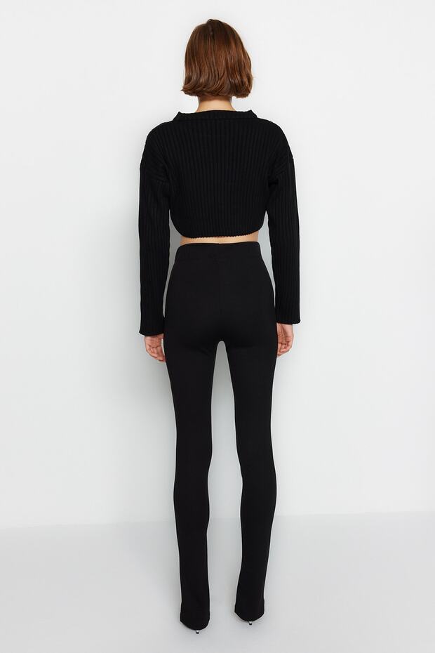 Siyah Yırtmaç Detaylı Esnek Örme Tall Pantolon TWOAW22PL0323 - 6
