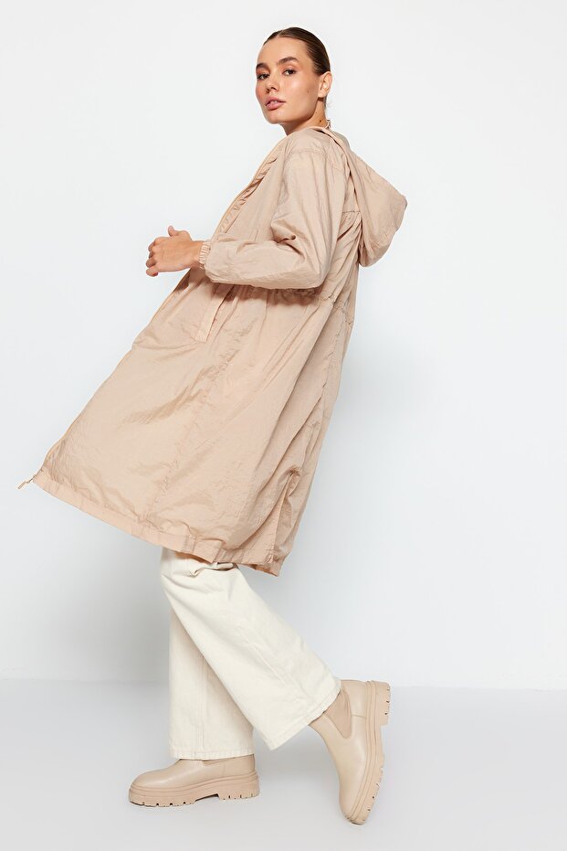Bej Oversize Kapüşonlu Su İtici Yağmurluk TWOAW24MO00280 - 3