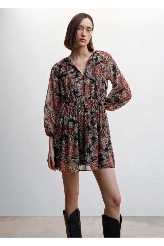 Çiçekli Şifon Elbise - 1