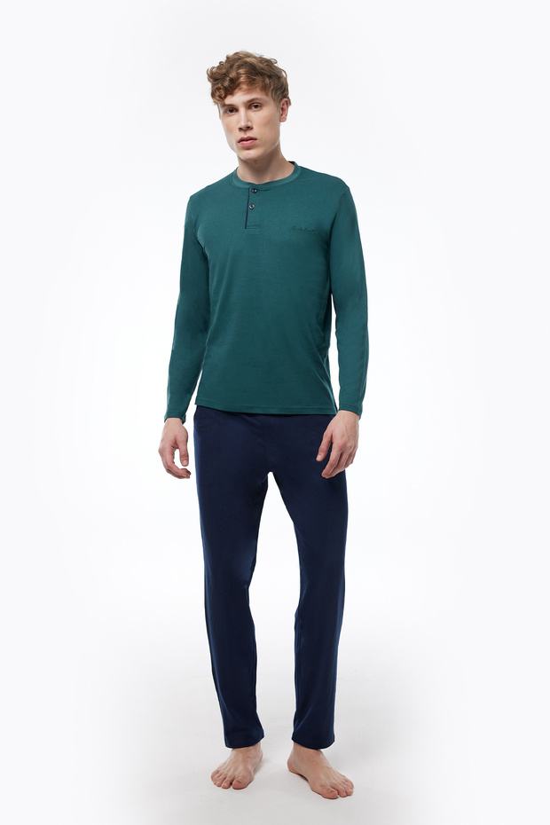 Green Men's Pajama Set V-Neck Winter Long Sleeve Pajamas 6011
