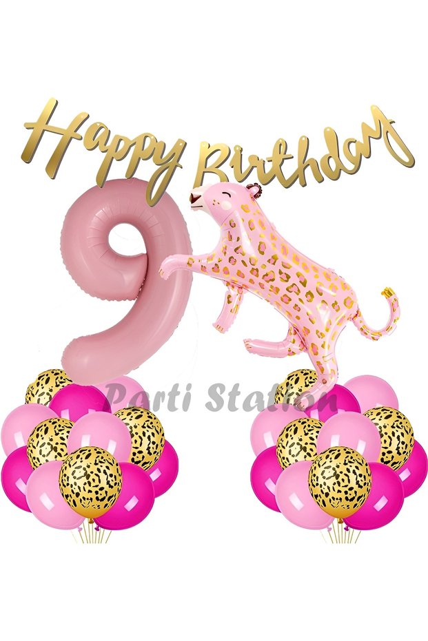 Pink Leopard 9 Years Old Balloon Set Safari Leopard Birthday Party Balloon Set Pink Panther Jungle Balloon Set