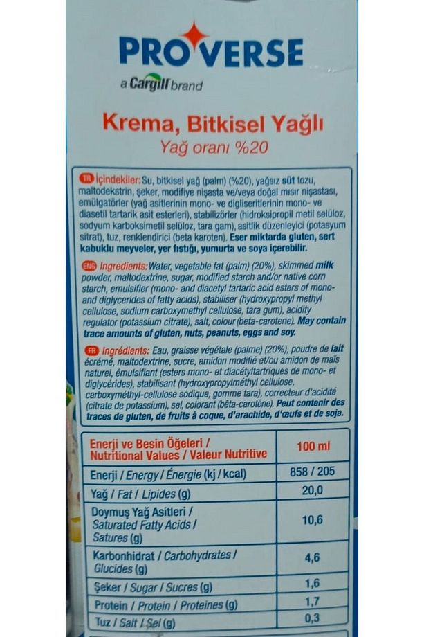 Proverse Krema Yemeklik 1 LT x 12 Adet (Koli) - 2