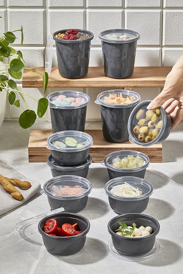 12'li Antrasit Set Sızdırmaz Hava Almaz Kapaklı Yuvarlak Erzak Vs Saklama Kabı 4x500 Ml 8x250 Ml - 1