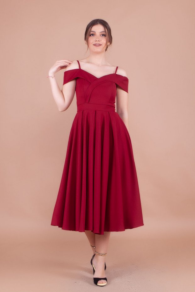Burgundy Midi Strap Off-Shoulder Detail Pleated Dress