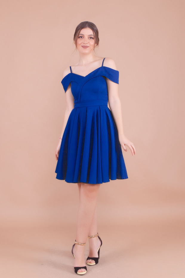 Sax Blue Mini-Length Strap Off-Shoulder Detail Pleated Dress