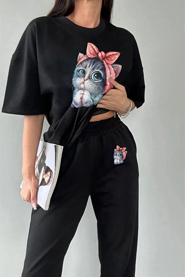 Women's Black Cute Cat Bottom Top Jogger And Oversize Tshirt Tracksuit Set