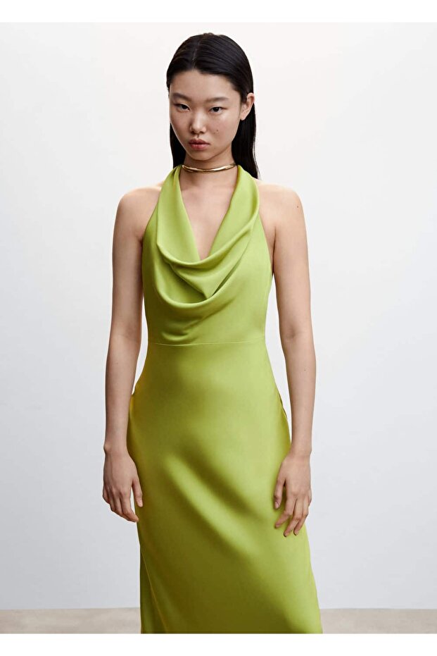 Drape Yaka Saten Elbise - 1