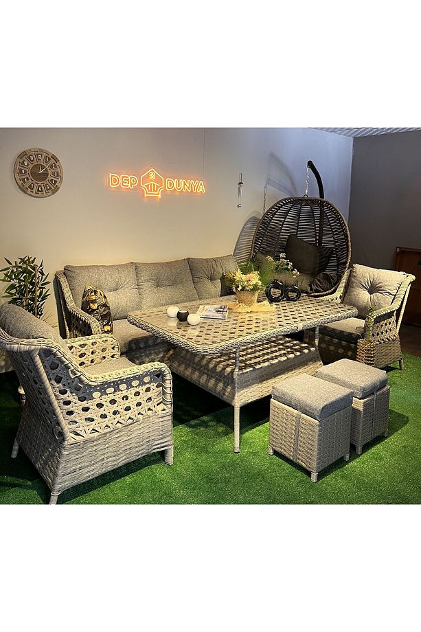 Lumar Rattan Bahçe Mobilyası Bahçe Takımı Oturma Grubu 3'lü - 7 Kişilik Bahçe Takımı - 3