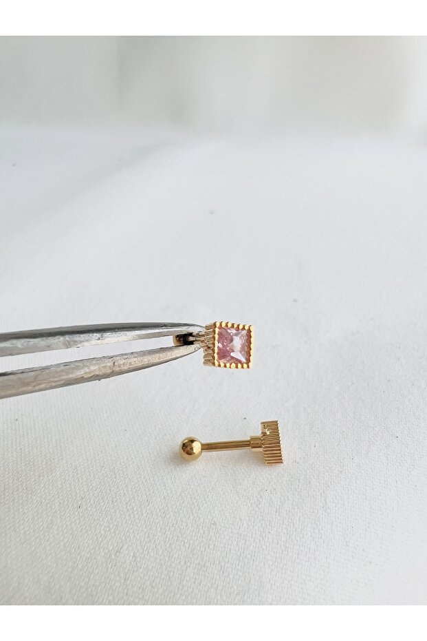Cerrahi çelik pembe gold renk tek taş kıkırdak helix tragus piercing(1adet) - 1