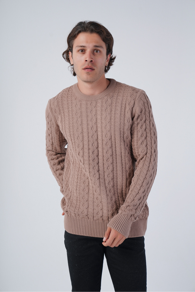 Milky Brown Men's Hair Braided Cotton Crew Neck 100% Cotton Sweater