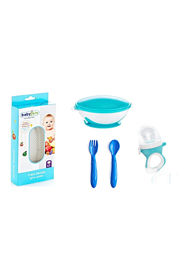Glass Grater + Vacuum Food Plate + Food Spoon and Fork Set + Fruit and Vegetable Pacifier with Silicone Tip