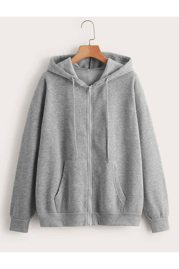 Unisex Plain Oversize Hooded Zipper Cardigan