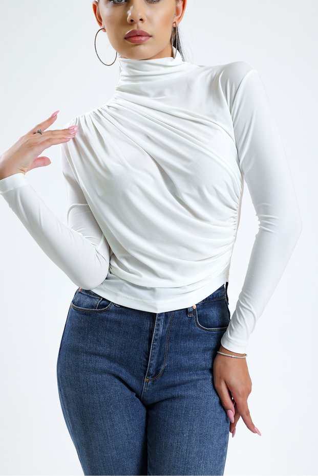 women's white turtleneck long sleeve crisscross smocking detailed blouse