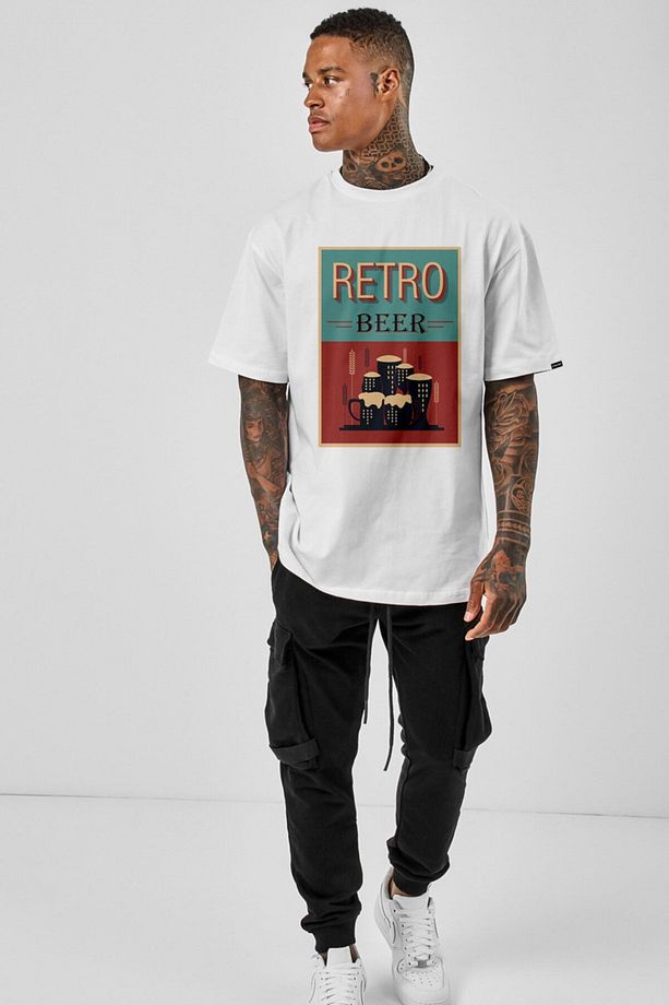 Oversize Retro Beer Baskılı Tshirt - 1