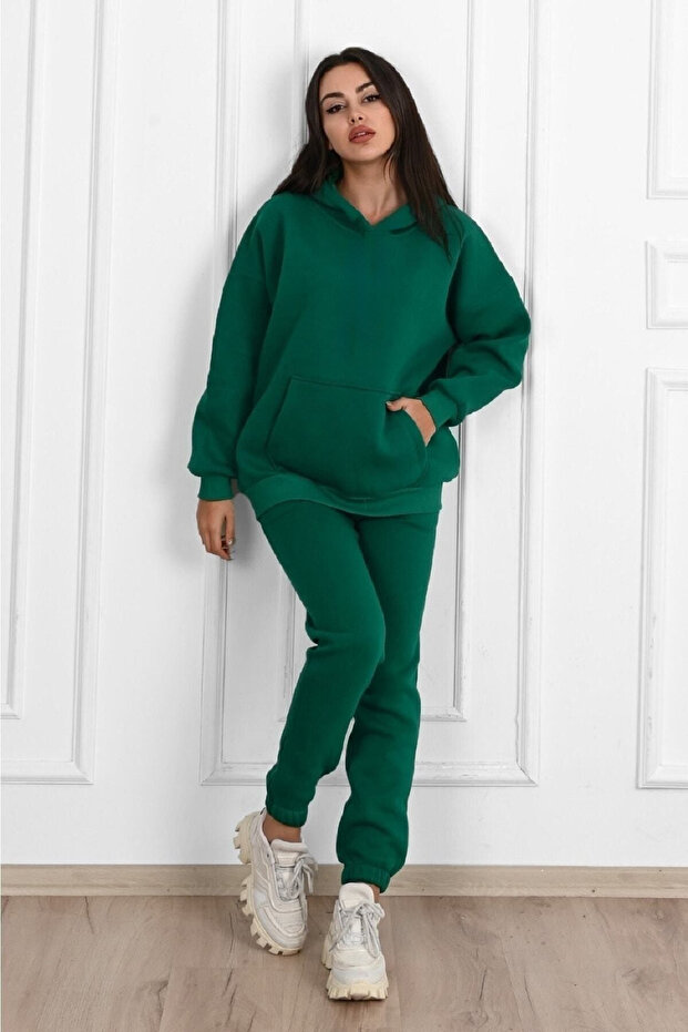 طقم بدلة رياضية أساسية عادية سويت شيرت Jogger - أخضر كبير الحجم بقلنسوة
