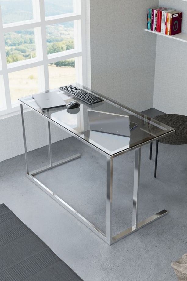 Tekli Desk Çalışma Masası Parlak Paslanmaz Ayak Siyah Cam - 1