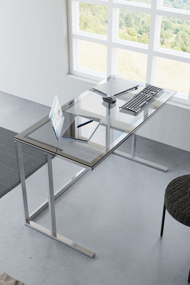 Tekli Desk Çalışma Masası Parlak Paslanmaz Ayak Siyah Cam - 2