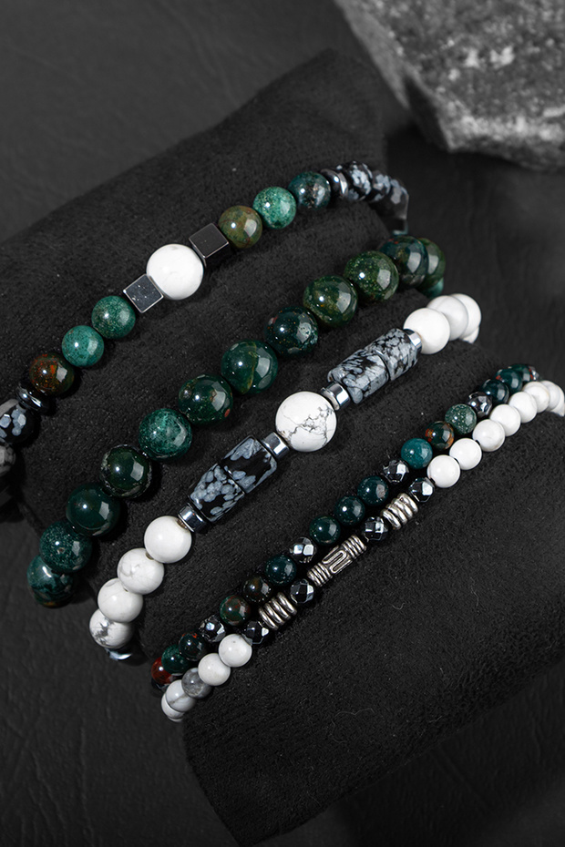 Dinçlik Purification and Renewal Bracelet Set with Blood Stone, Obsidian, Howlite Certified Natural Stone