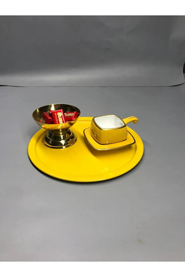 Metal Yellow Single Decorative Tea, Coffee and Pastry Serving Presentation Tray 23 cm