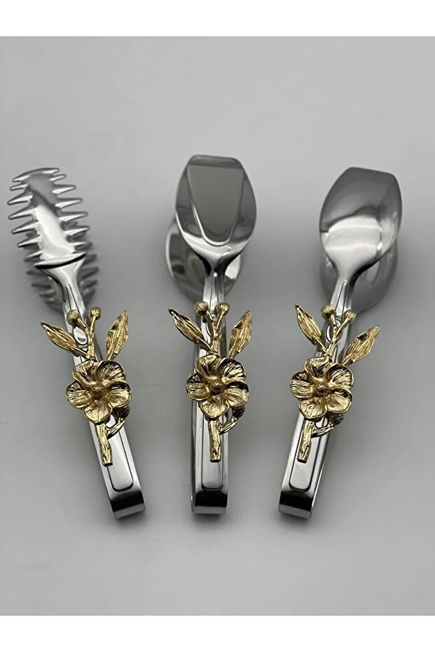 Japanese Rose Silver Elegant Serving Presentation Set 3-Piece Tongs Set Stainless Steel