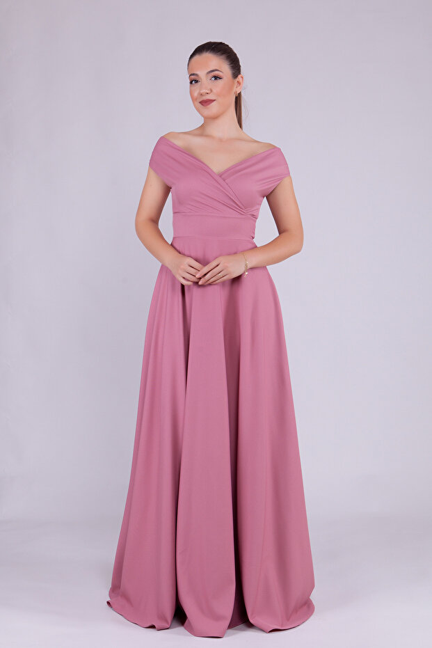 Dried Rose Maxi Length Boat Neck Draped Woven Fabric Flared Evening Dress
