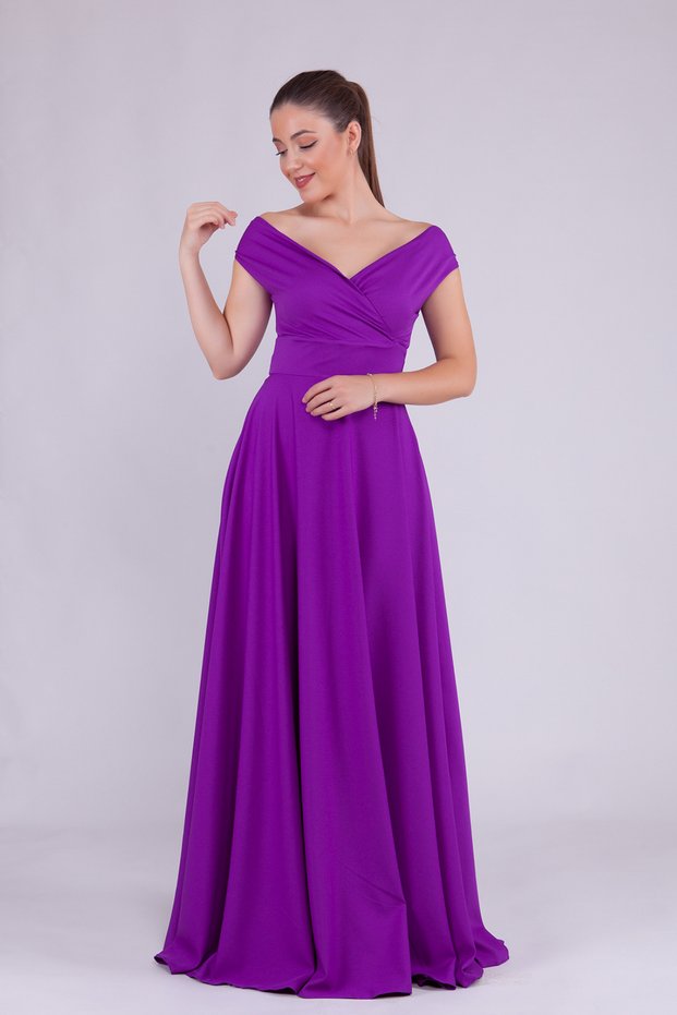 Purple Maxi Length Boat Neck Draped Woven Fabric Flared Evening Dress