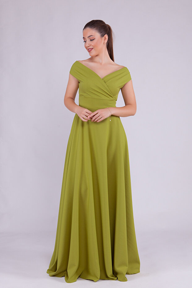 Pistachio Green Maxi Length Boat Neck Draped Woven Fabric Flared Evening Dress