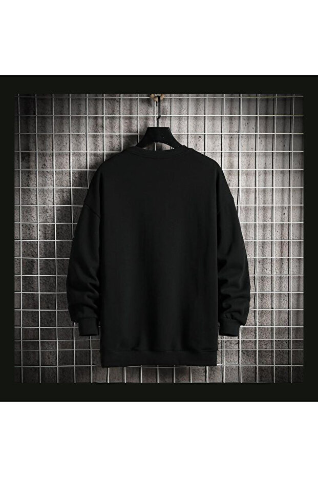 Unisex BLACK PRINTED Crew Neck Oversize Sweatshirt