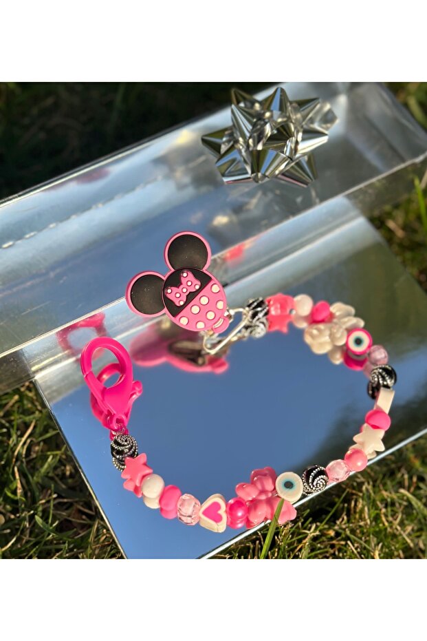 Trend minnie mouse pink gift boxed baby girl pacifier chain strap with pink evil eye beads