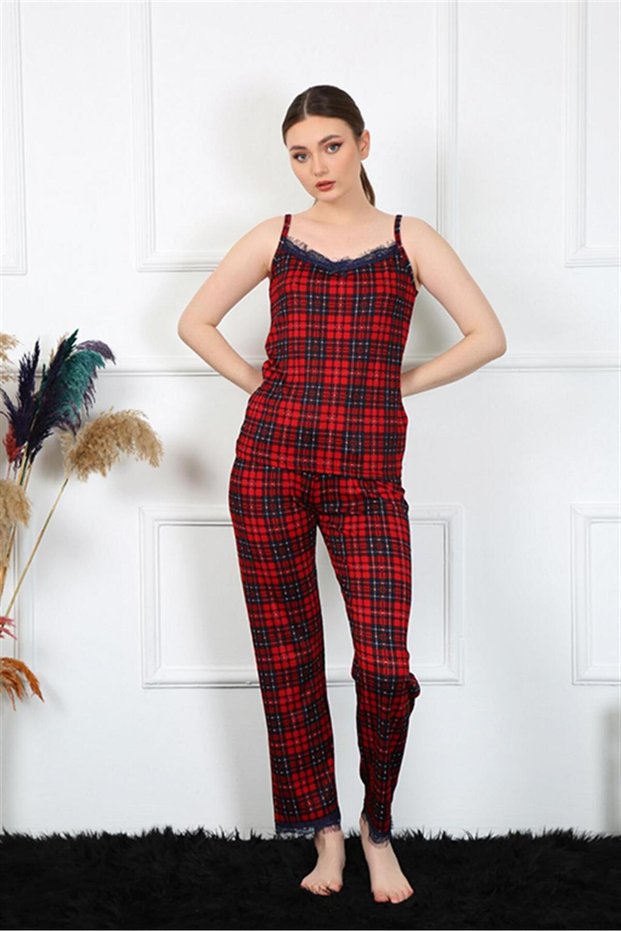 Fashion Line Women's Rope Strap Red Plaid Pajamas Suit 4135