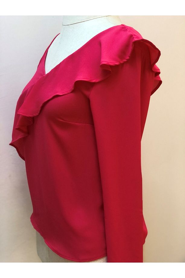 Neon Pembe Bluz Omuz Ve Fırfır Detaylı Tek Kol - 5