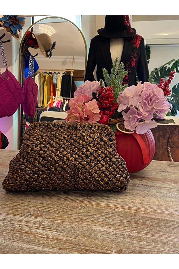 Deri ip makrome örme cluch çanta - 5