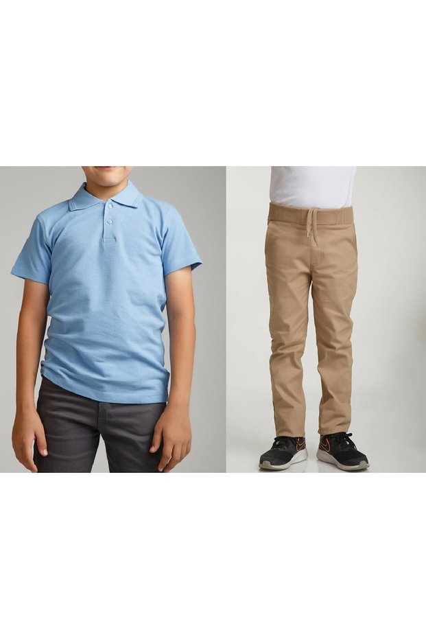Unisex children's school ribbed waist trousers - blue short sleeve Polo collar T-shirt 2-piece set