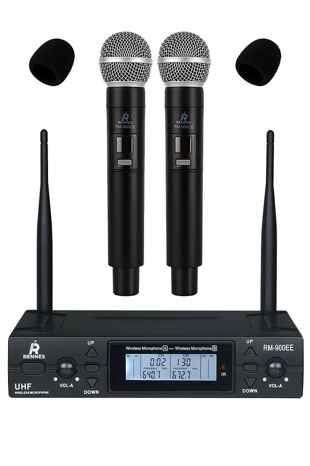 RM-900EE UHF 2x100 Kanal Çiftli Kablosuz EL Mikrofonu Çift Anten LCD Ekran - 1