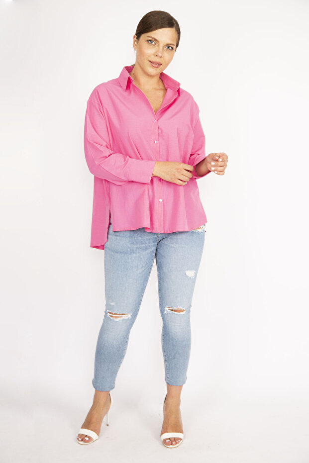 Women's Large Size Pink Poplin Fabric Front Buttoned Side Slit Long Sleeve Shirt 65N36798