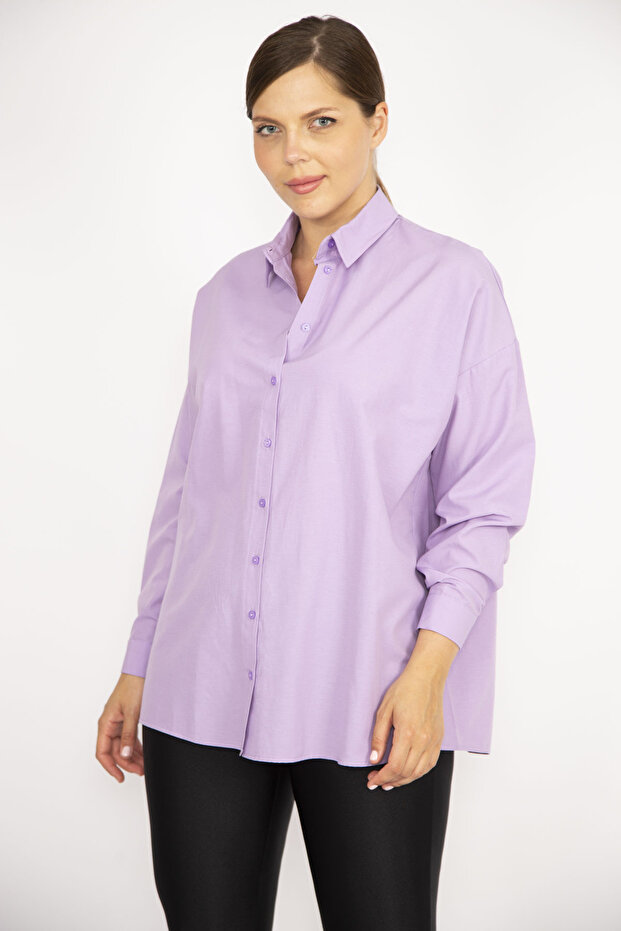 Women's Large Size Lilac Front Buttoned Long Sleeve Shirt 65N36800